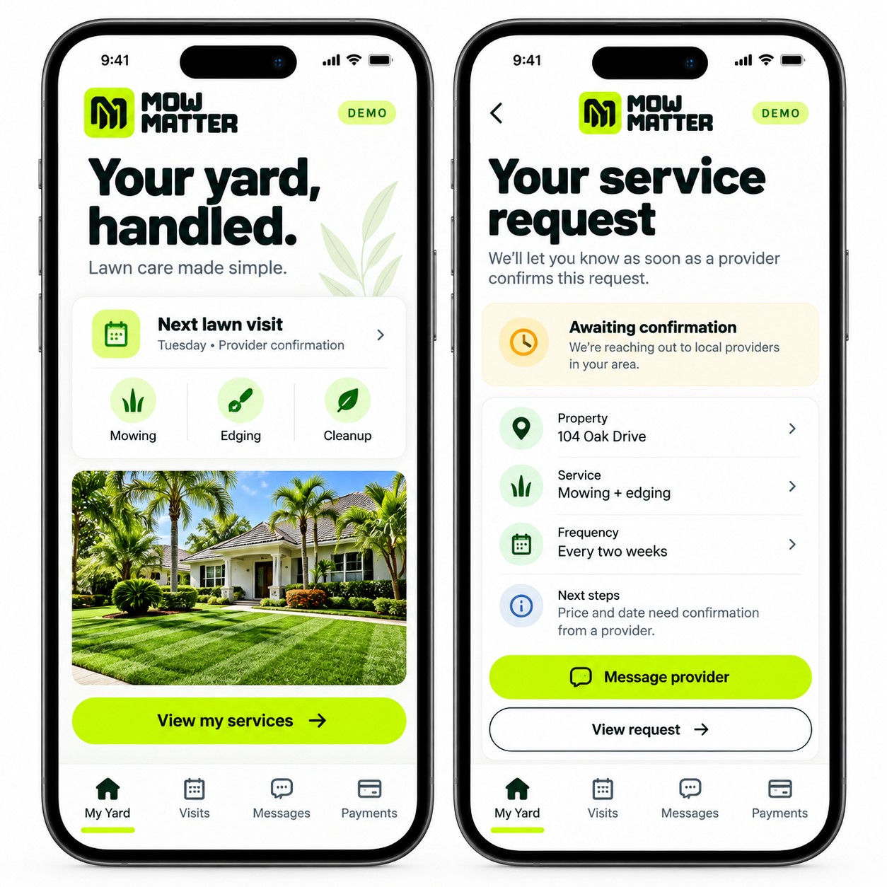Demo homeowner portal with a next visit card and a request awaiting confirmation